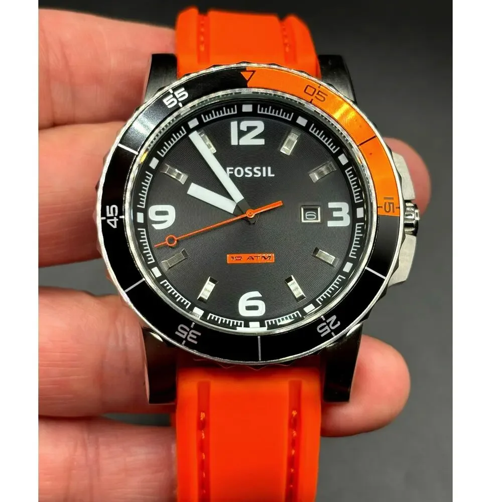Fossil Sport AM4259 Dive Style Orange Silicone Strap Men’s Watch 46mm 10 ATM NIB